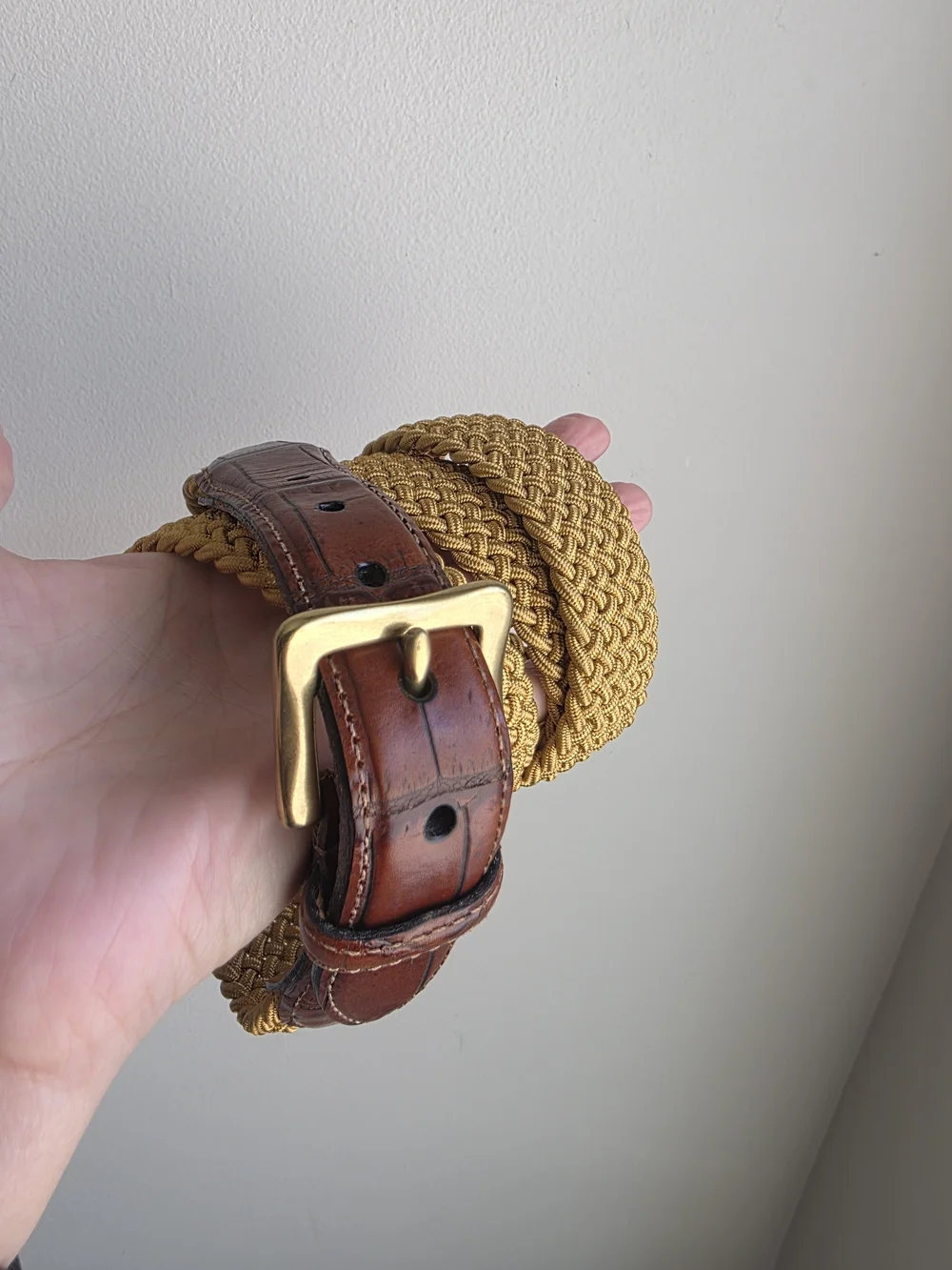 Martin Dingman Gold Woven Stretch Leather Trim Belt Size 42 Hand Made USA